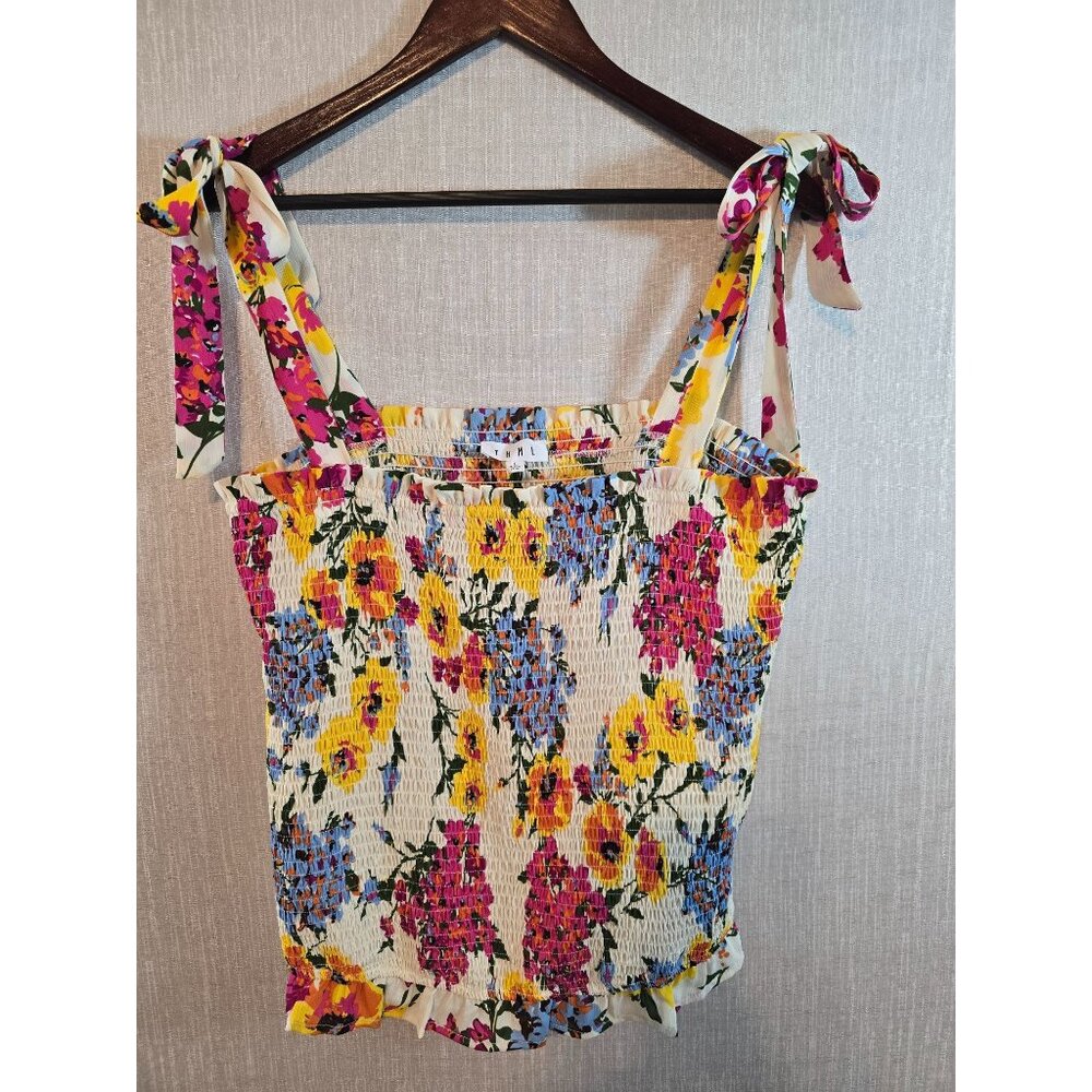Floral Smocked Tank Top With Tie Straps By‎ THML Size L Polyester  Multicolor